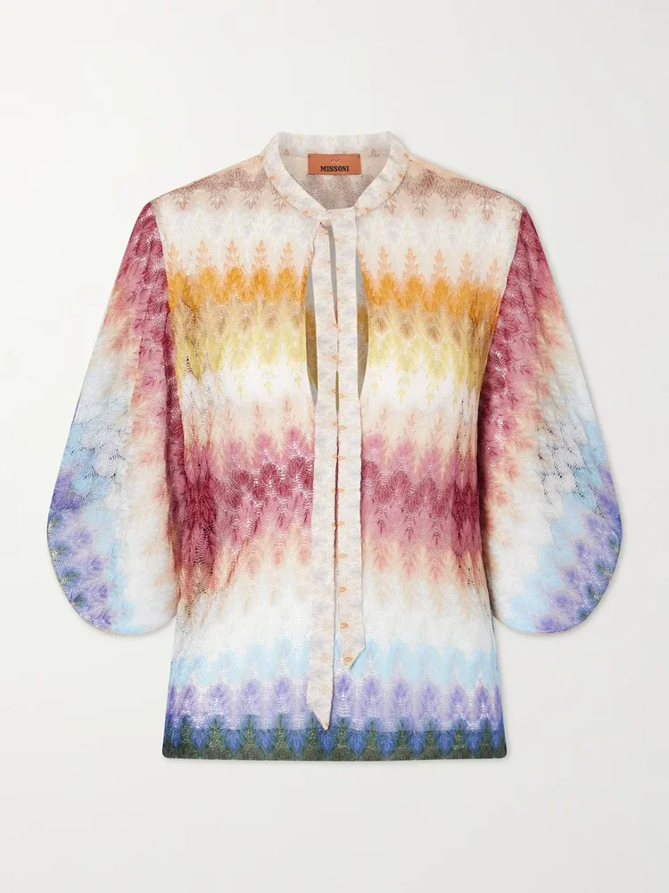 Tie-detailed striped crochet-knit blouse