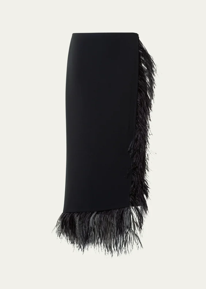 Feather-Trim Wool Stretch Double Face Midi Wrap Skirt