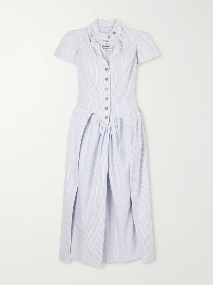 Pleated striped cotton Oxford midi dress