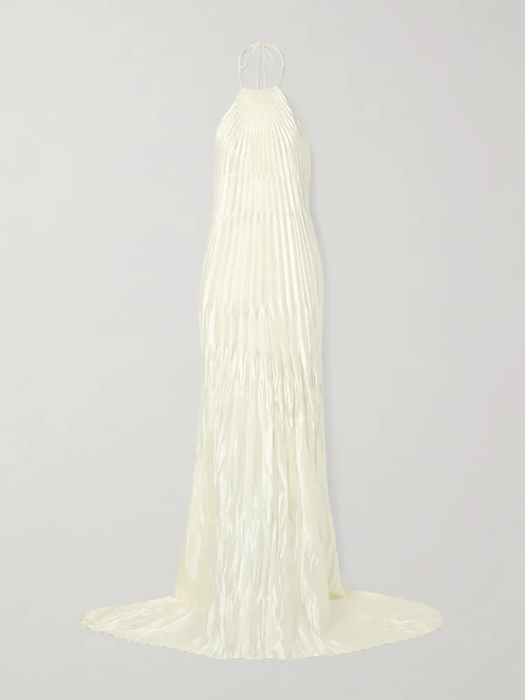 Sinclair embellished wool and silk-blend plissé-mikado halterneck gown