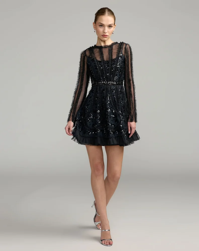 Black Nude Long Sleeve Sequin Ruffle Mini Dress