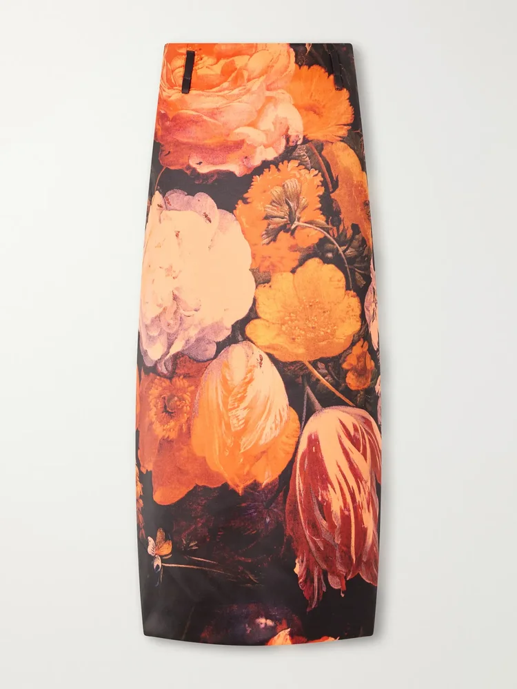 Floral-print duchesse-satin midi skirt