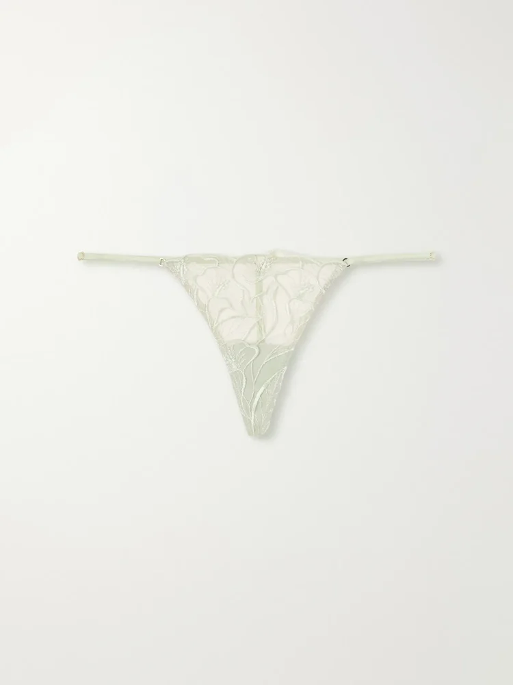 Calla Lily floral-embroidered mesh thong