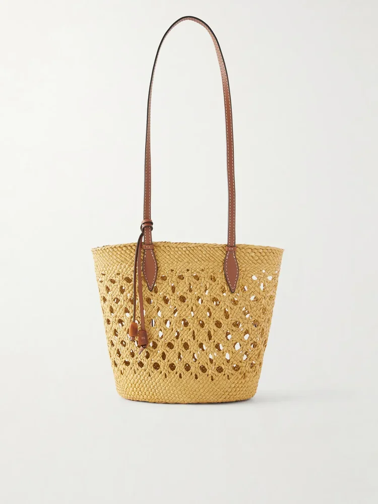 Lattice Basket Leather-Trimmed Raffia Tote