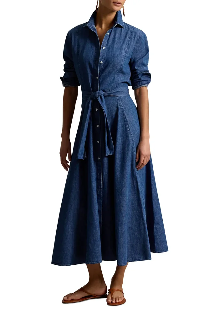 Chambray Tie Waist Shirtdress
