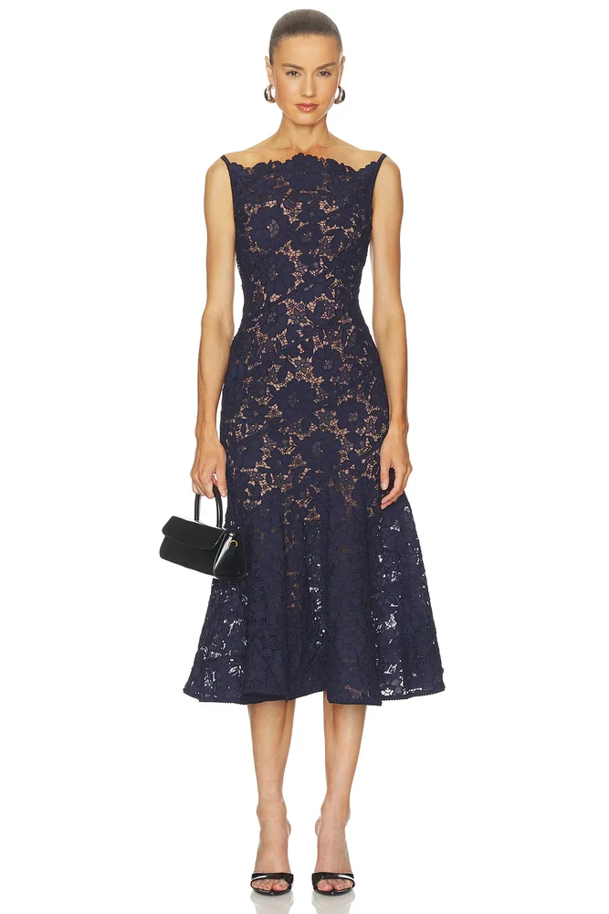 Navy Spiral Lace Midi Dress
