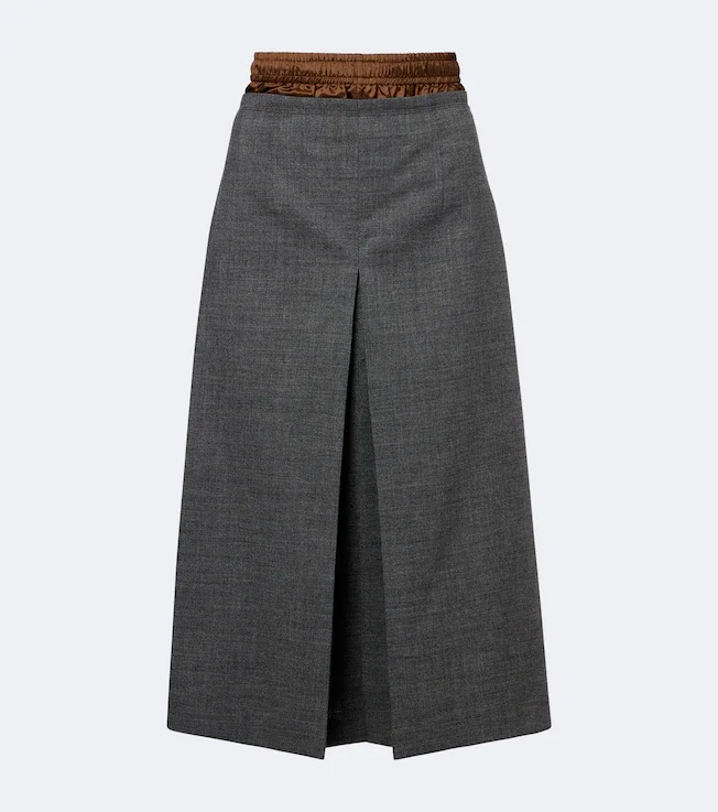 Layered pleated wool midi skirt