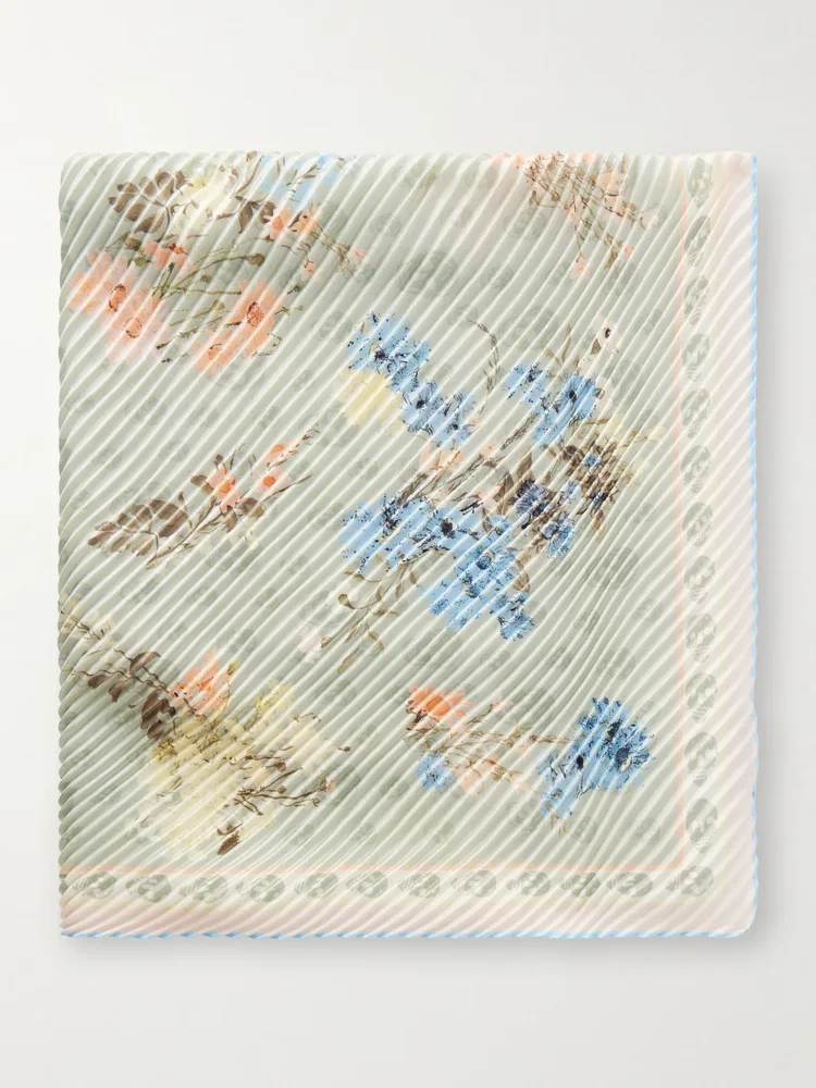 Floral-print plissé silk-satin scarf