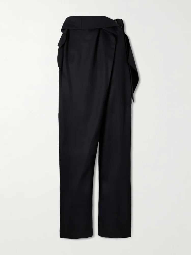 ruffled belted wool wide leg pants