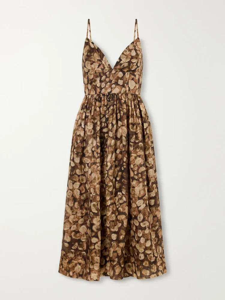 Miro gathered printed linen and silk-blend organza midi dress