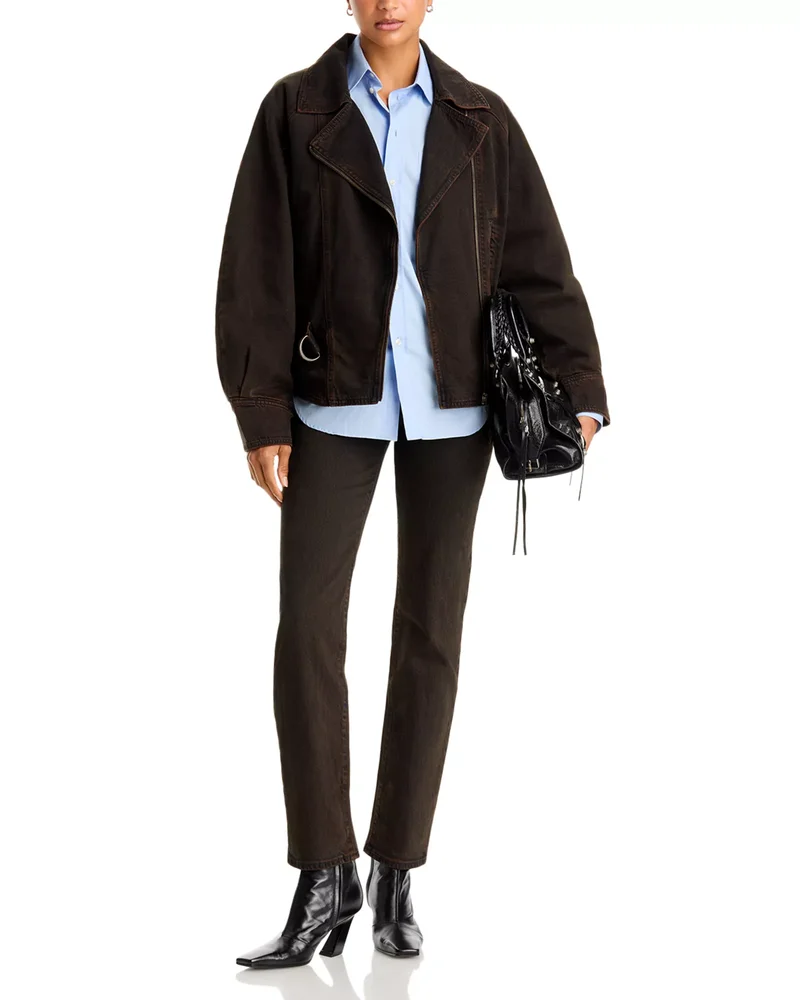 '80s Denim Belted Bomber Jacket & Ribcage High Rise Slim Jeans in Over A Cup