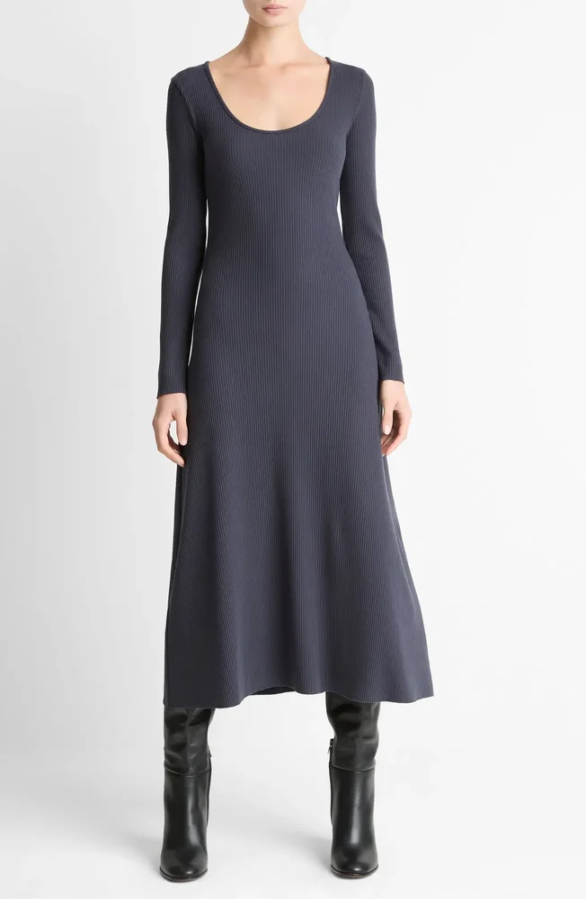 Rib Scoop Neck Long Sleeve Midi Dress