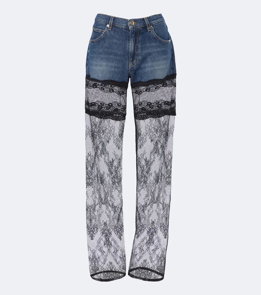 Lace-trimmed wide-leg jeans
