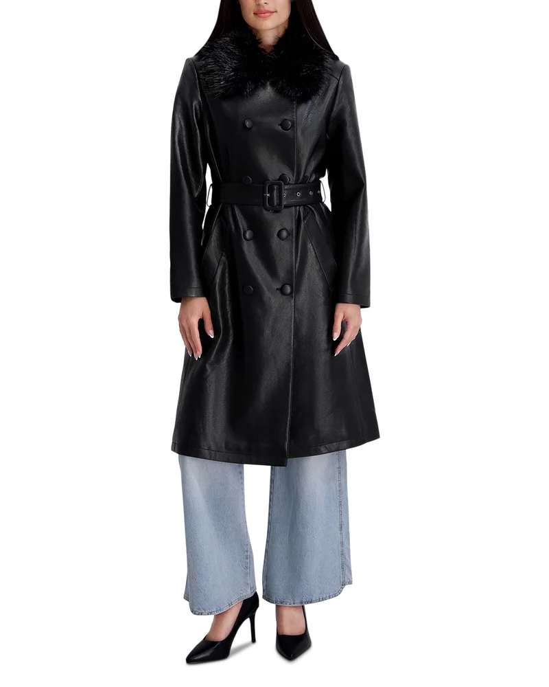 Faux Fur Collar Faux Leather Trench Coat