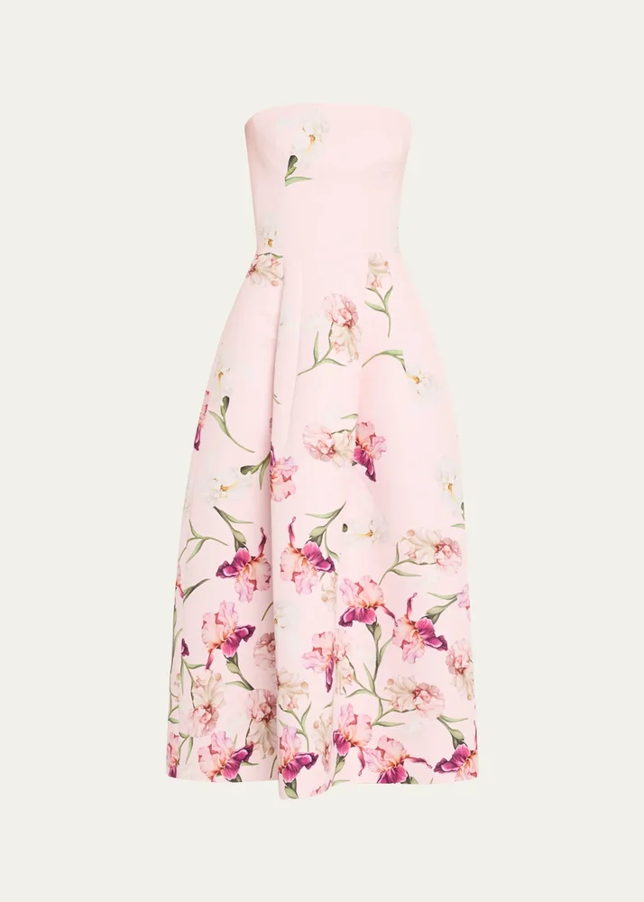 Strapless Painterly Iris Fit-And-Flare Midi Cocktail Dress