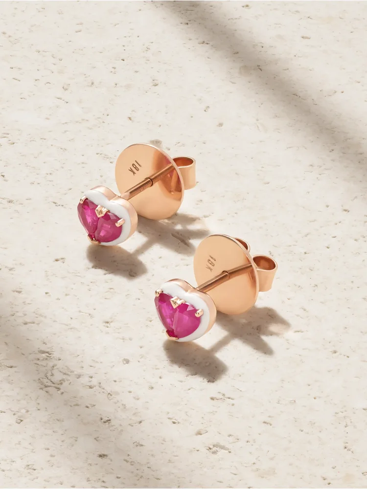 Heartbeats 18-karat rose gold, ruby and enamel earrings