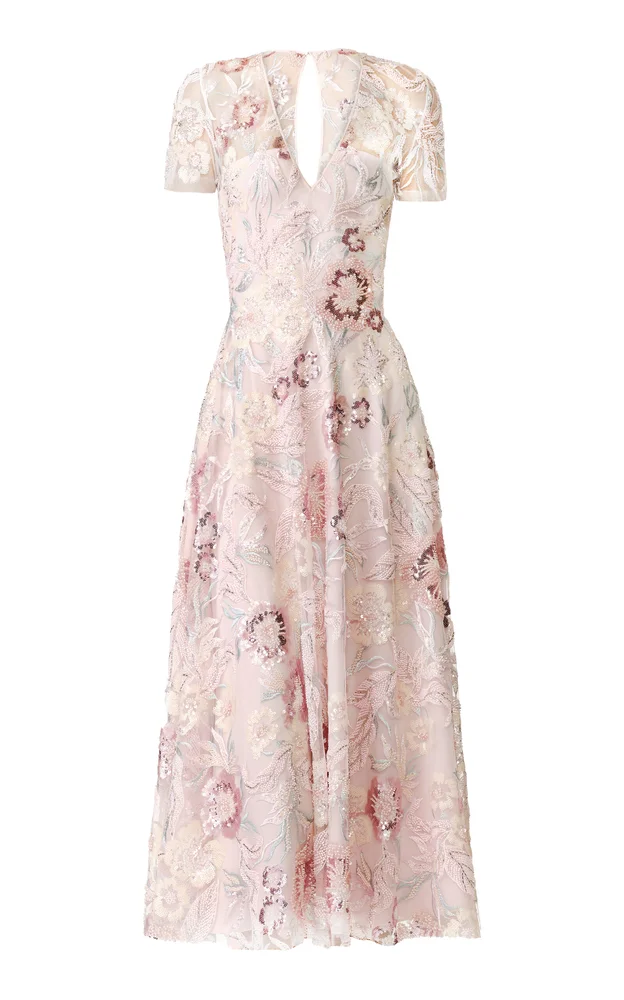 Floral V-Neck Beaded Midi Dress