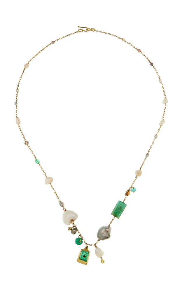 18k Green Gold Pearl and Emerald Charm Necklace