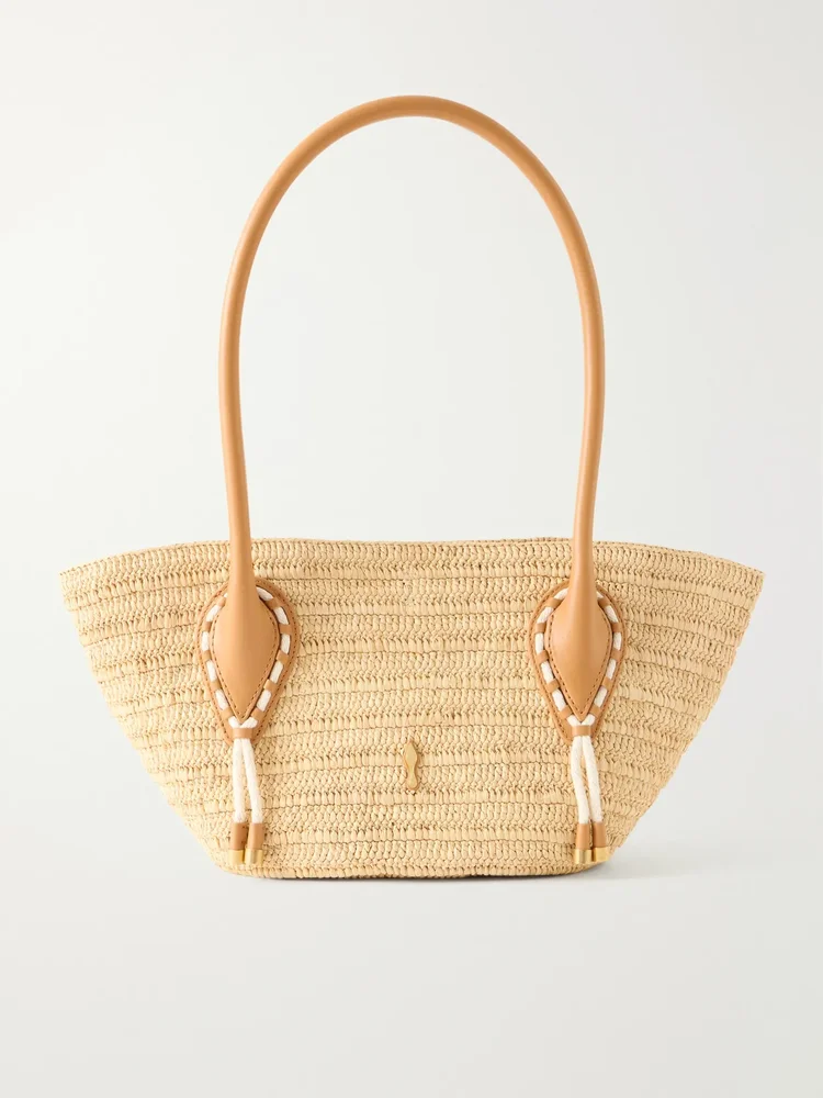 Venus embellished leather-trimmed raffia tote