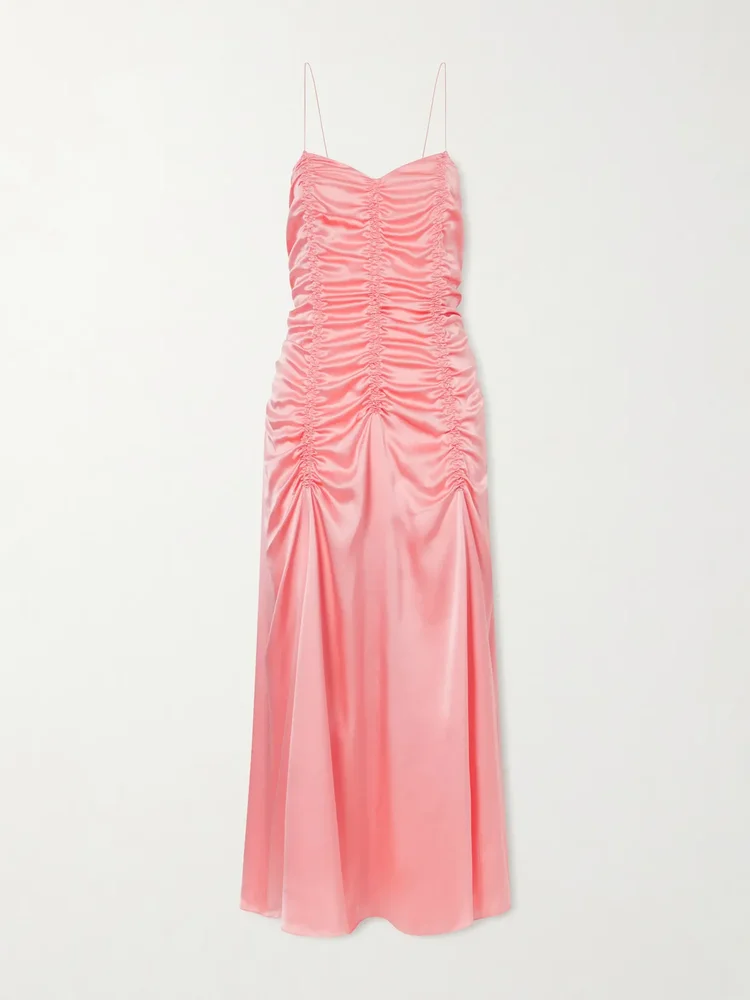 raina ruched silk midi dress