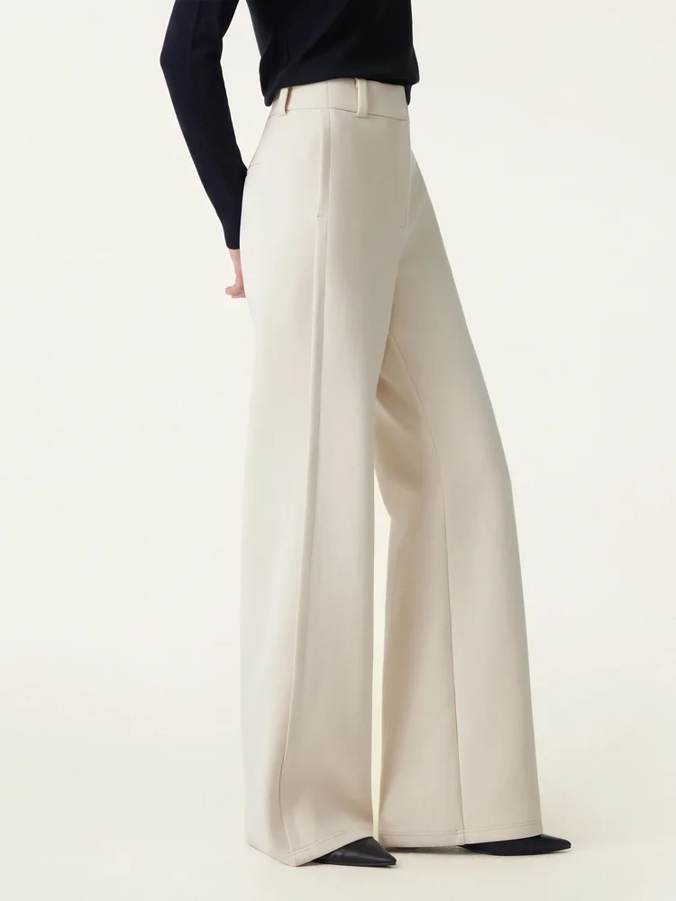 Stretchy Mid Rise Fly-Front Wide Leg Trouser