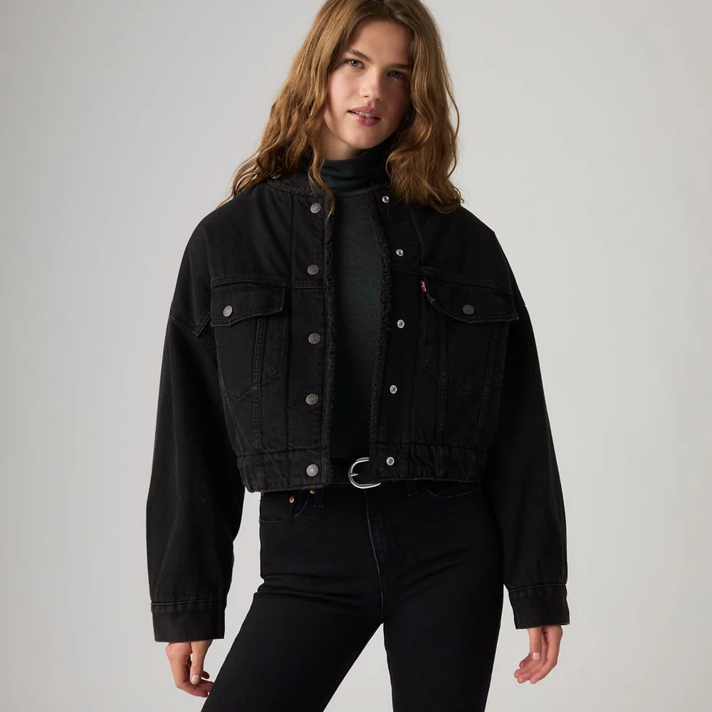 Collarless Cropped Sherpa Trucker Jacket