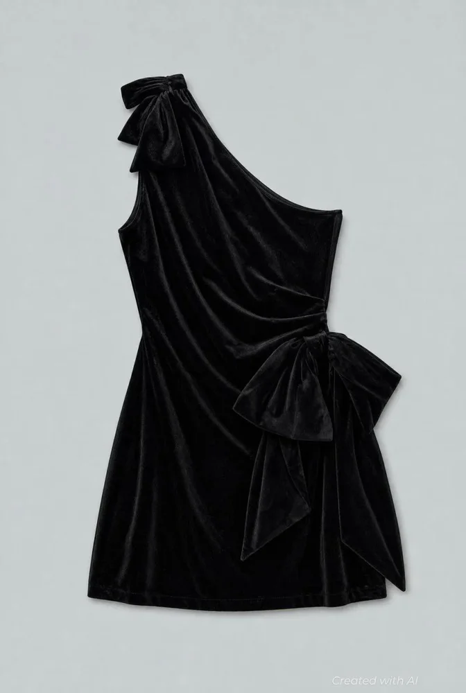 One Shoulder Bow Mini Dress - Black