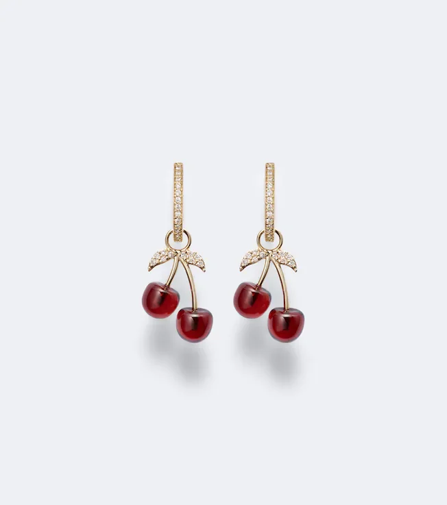 Cherry 14kt gold hoop earrings with garnets and diamonds