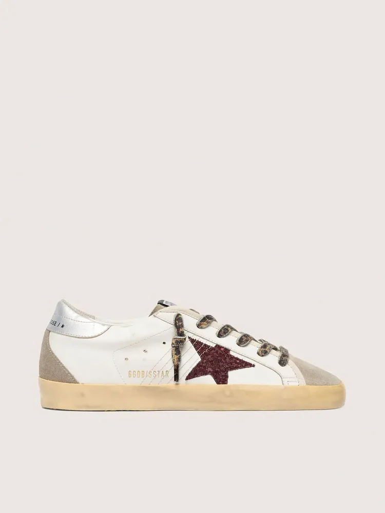 Goldengoose Super-Star with burgundy glitter star and silver heel tab