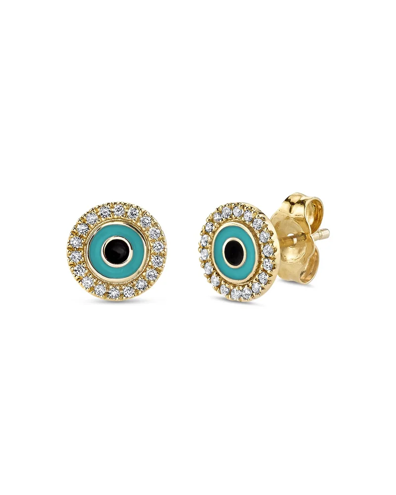 14K Yellow Gold Diamond Evil Eye Disc Stud Earrings