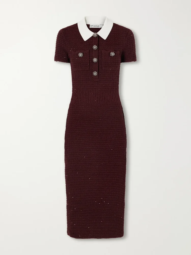 Crystal and sequin-embellished waffle-knit midi-dress