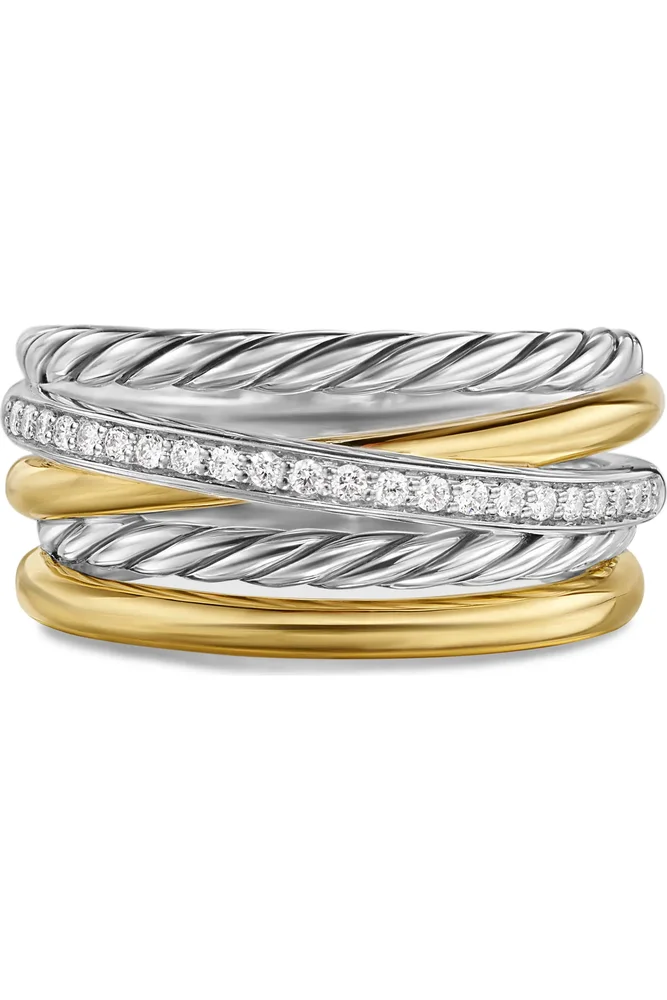 Crossover Five-Row Ring in Sterling Silver with 18K Yellow Gold and Diamonds, 11mm