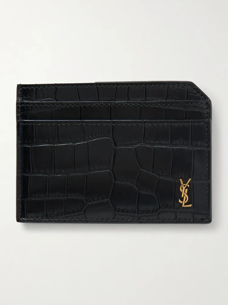 Tiny Cassandre Logo-Appliquéd Croc-Effect Patent-Leather Cardholder