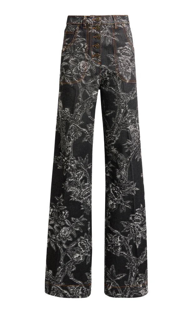 Patterned Stretch-Denim Flared Jeans