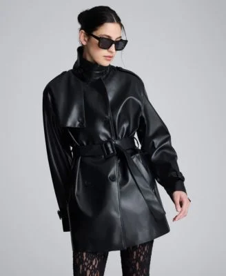 Womens Faux Leather Double Breasted Belted Trench
