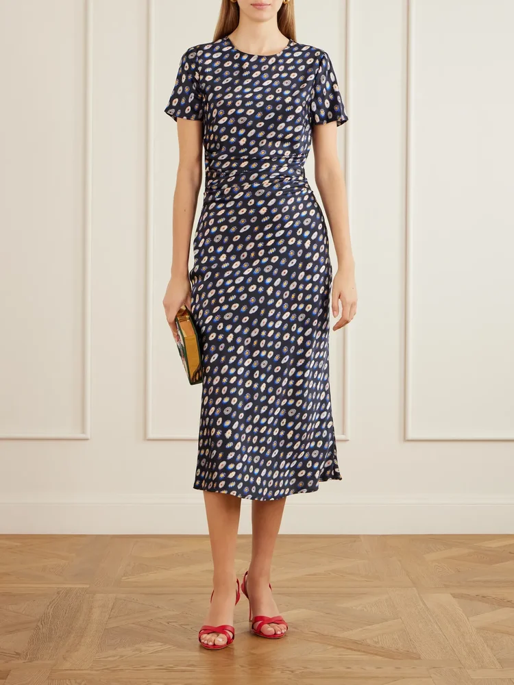 Marcel printed ruched silk-blend satin midi dress