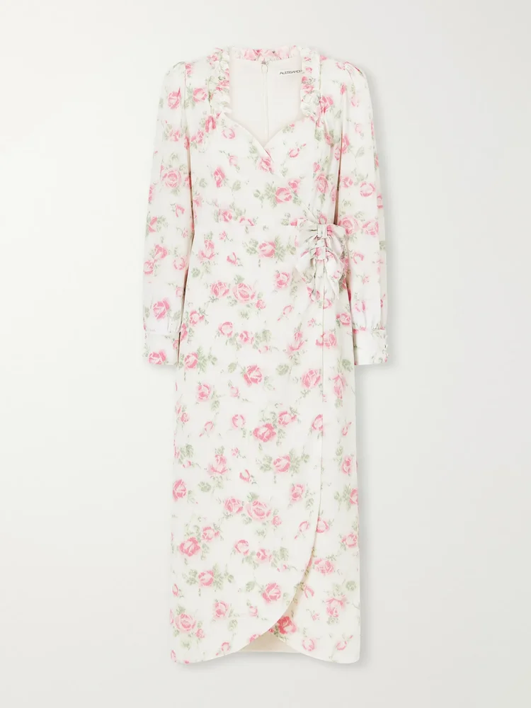 Floral-print wrap silk midi dress