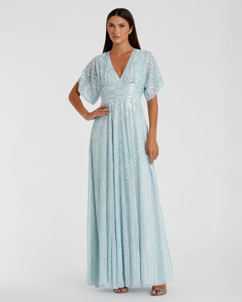 Blue Embellished V Neck Evening Gown