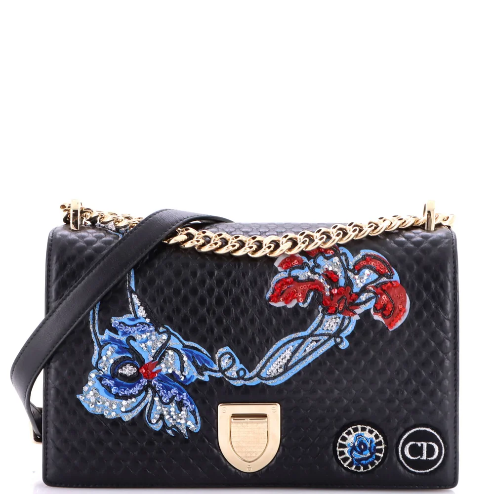 Pre-Owned Diorama Flap Bag Patch Embellished Leather Medium