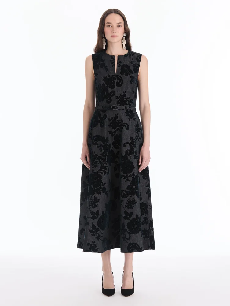 Chrysanthemum Flocked Denim Dress