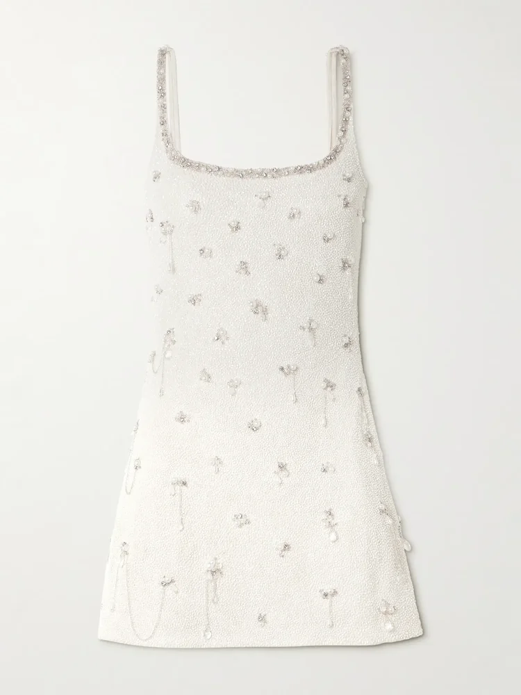 Droplet embellished beaded stretch-tulle mini dress