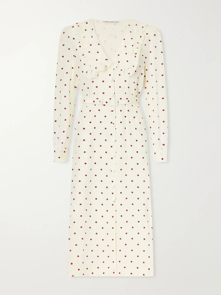 belted polka dot silk crepe midi dress