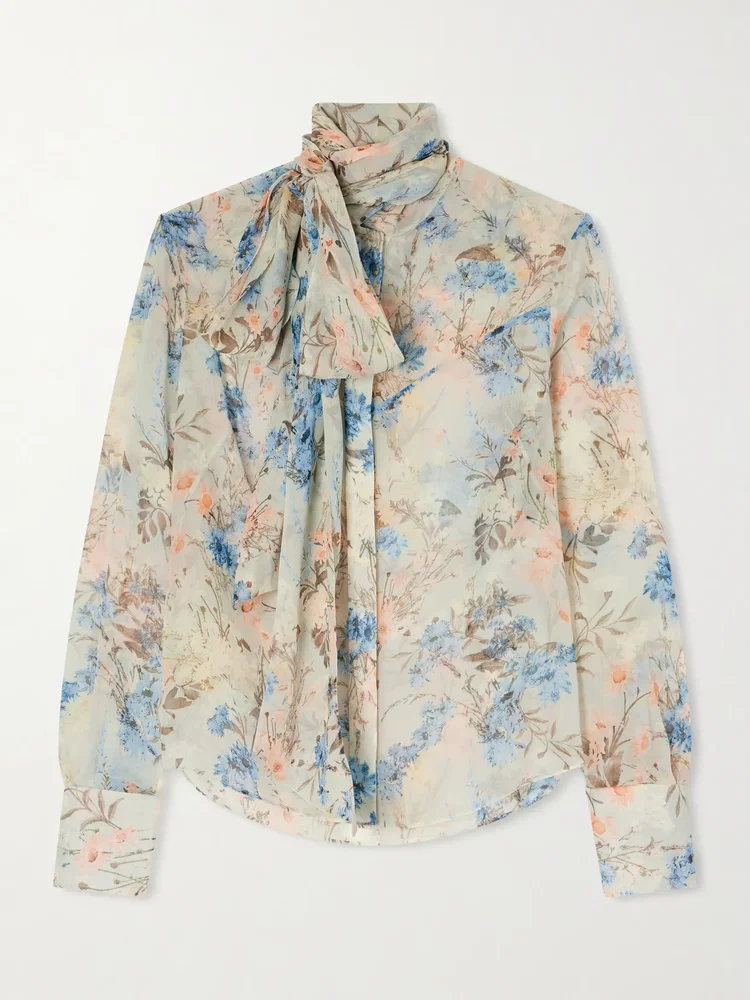 Pussy-bow floral-print silk-chiffon blouse