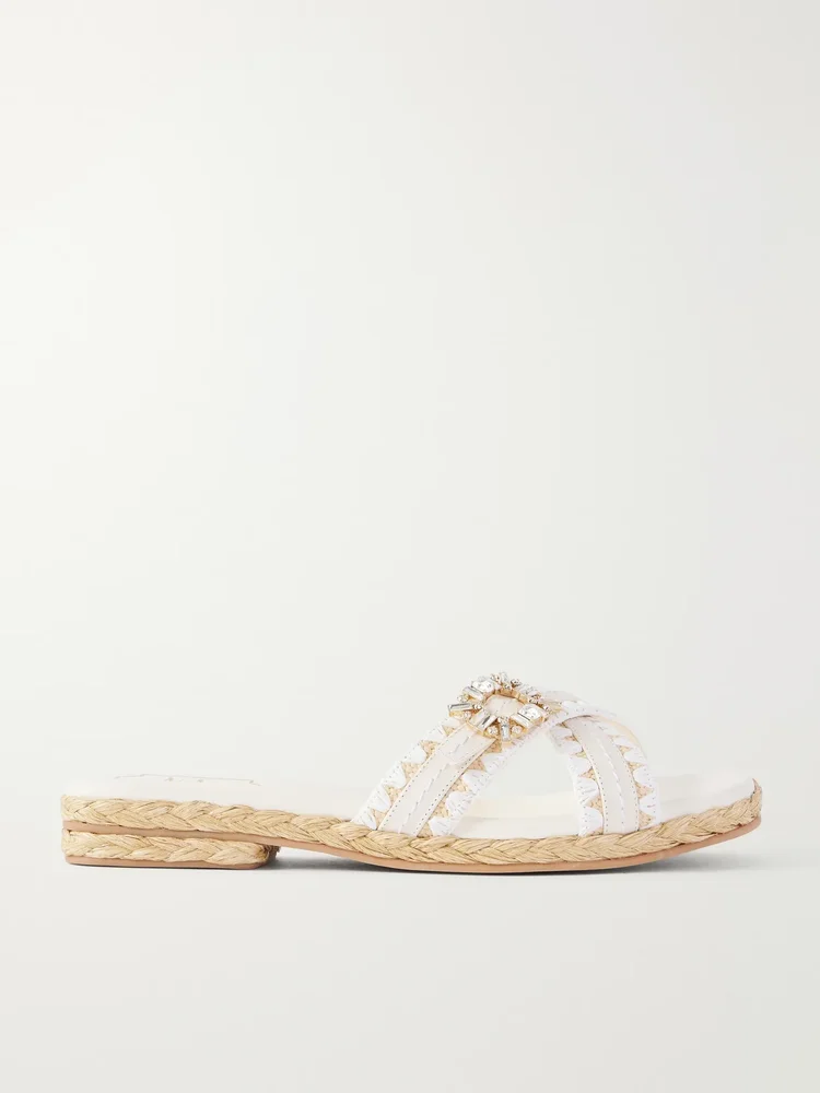 strass crystal embellished leather trimmed raffia slides
