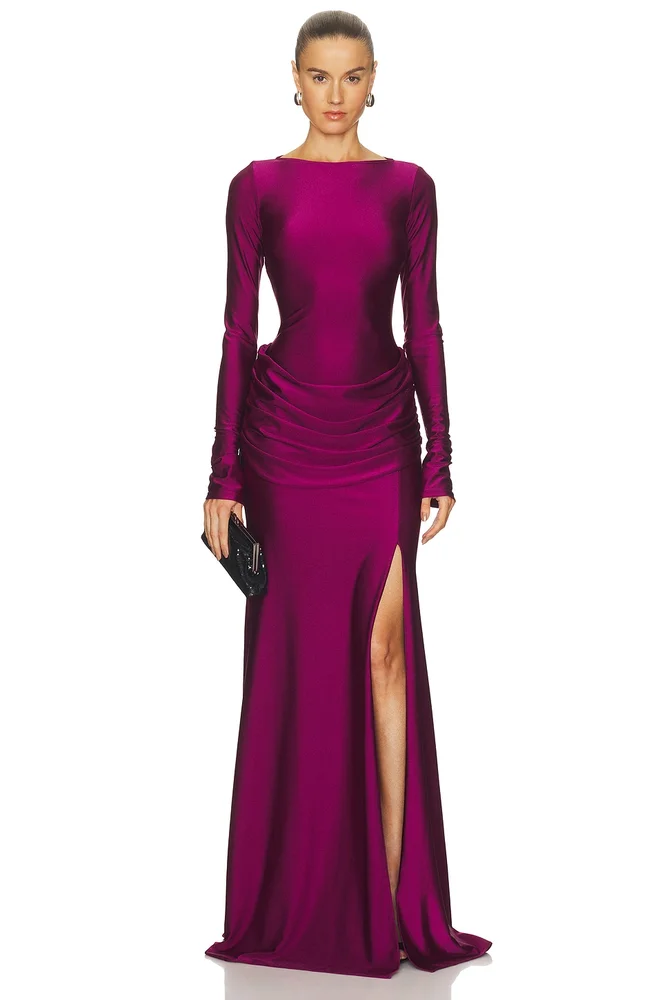 Shine Jersey Long Sleeve Draped Waist Gown