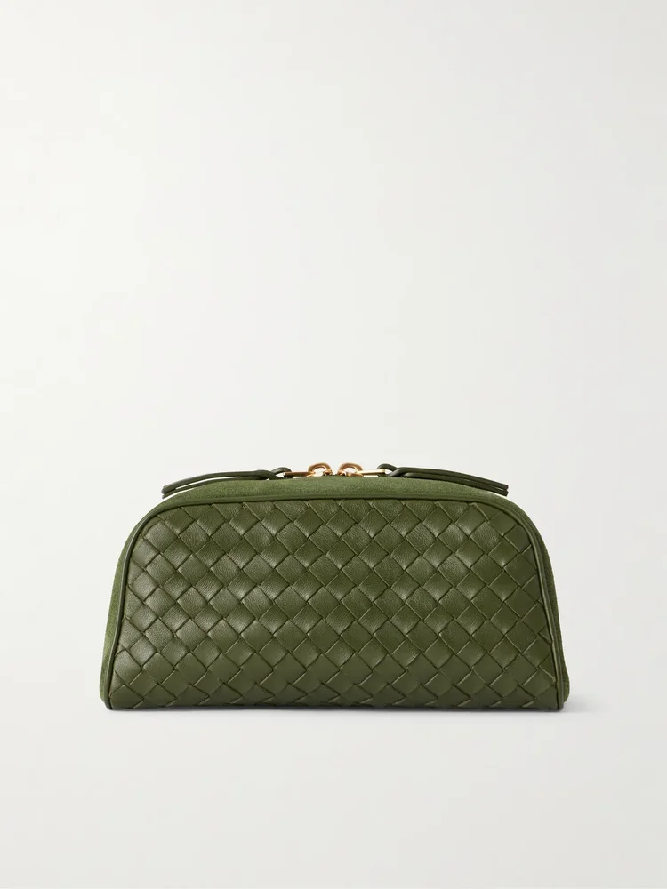 Nodo small suede-trimmed Intrecciato leather pouch