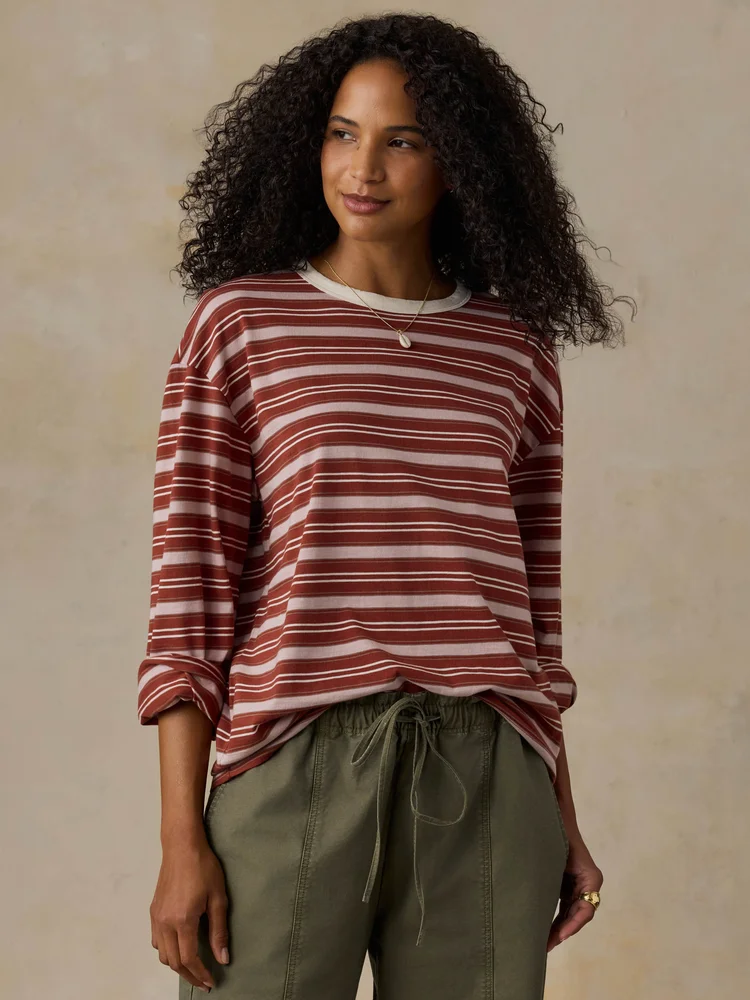 Sunwashed Long-Sleeve Retro Tee, Rosewood Stripe