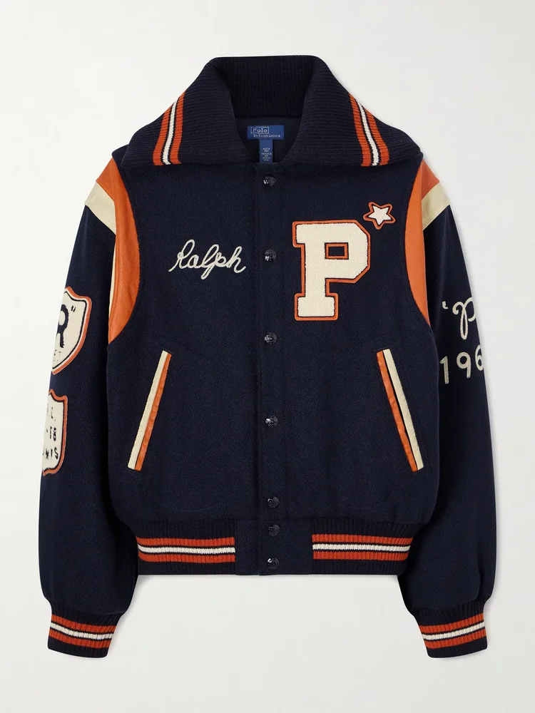 Embroidered appliquéd leather-trimmed wool-blend twill jacket