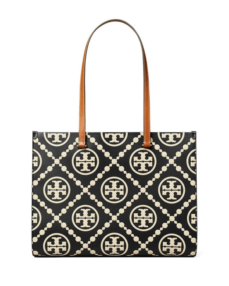 T Monogram Contrast Leather Tote