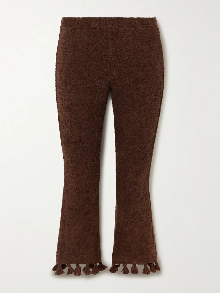 Cropped flared tasseled cotton-terry pants